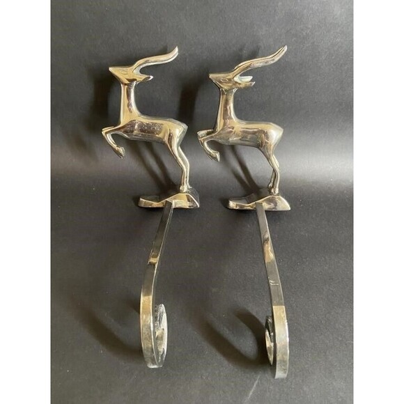 Vintage Reindeer Mantel Stocking Holder Silver Metal Finish Set Of 2 Hook Arm - Picture 1 of 11